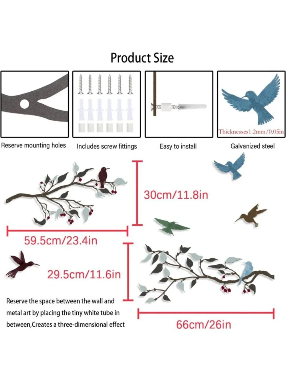 Colorful Metal Birds Wall Decor - Hummingbirds & Leaves Sculpture for Home